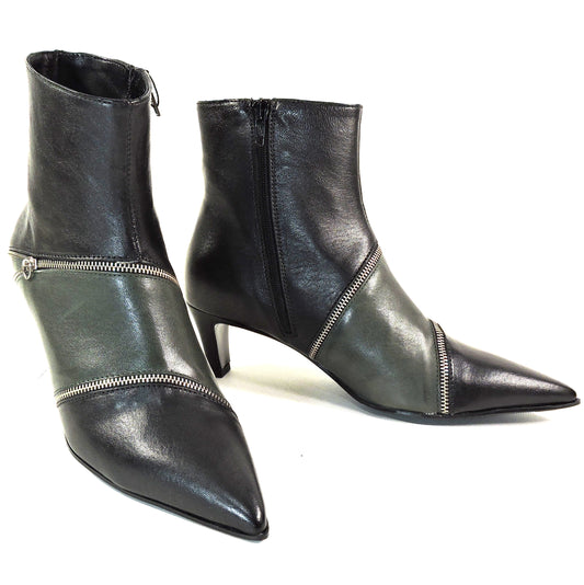 NAPOLEONI Women's Green Leather Pointed Toe Ankle Booties with Zipper Detail, Kitten Heel Fashion Boots