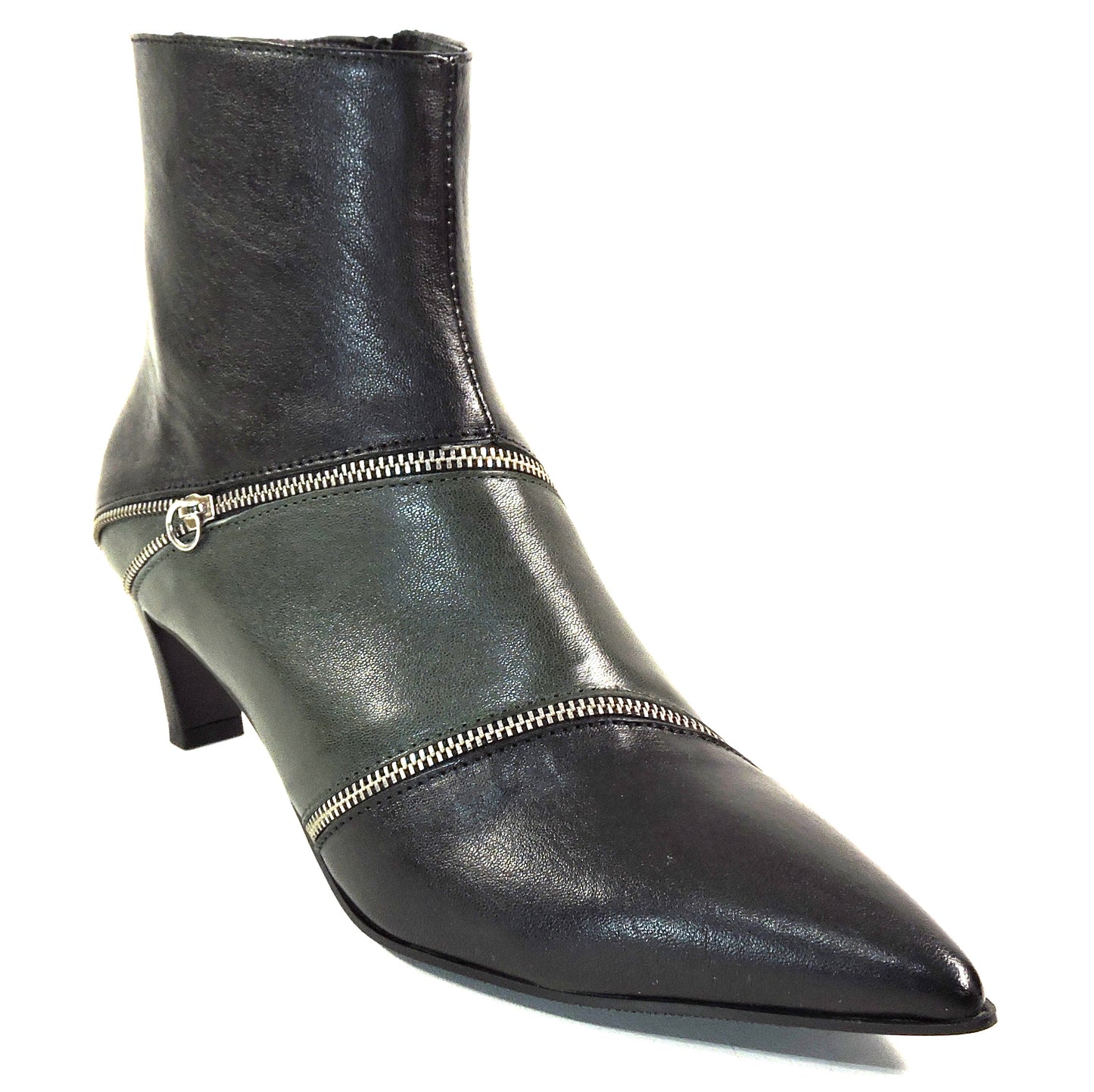 NAPOLEONI Women's Green Leather Pointed Toe Ankle Booties with Zipper Detail, Kitten Heel Fashion Boots