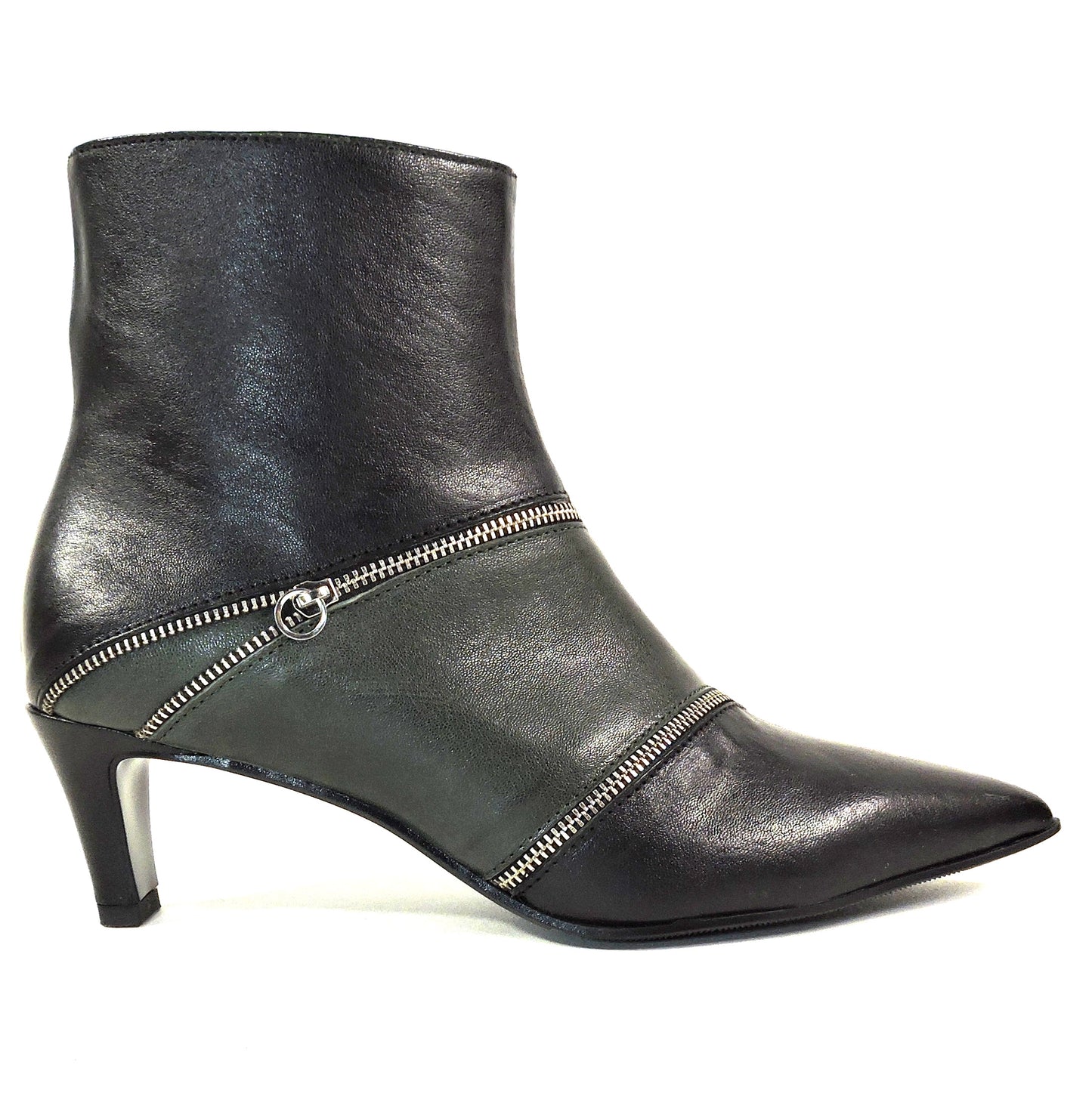 NAPOLEONI Women's Green Leather Pointed Toe Ankle Booties with Zipper Detail, Kitten Heel Fashion Boots