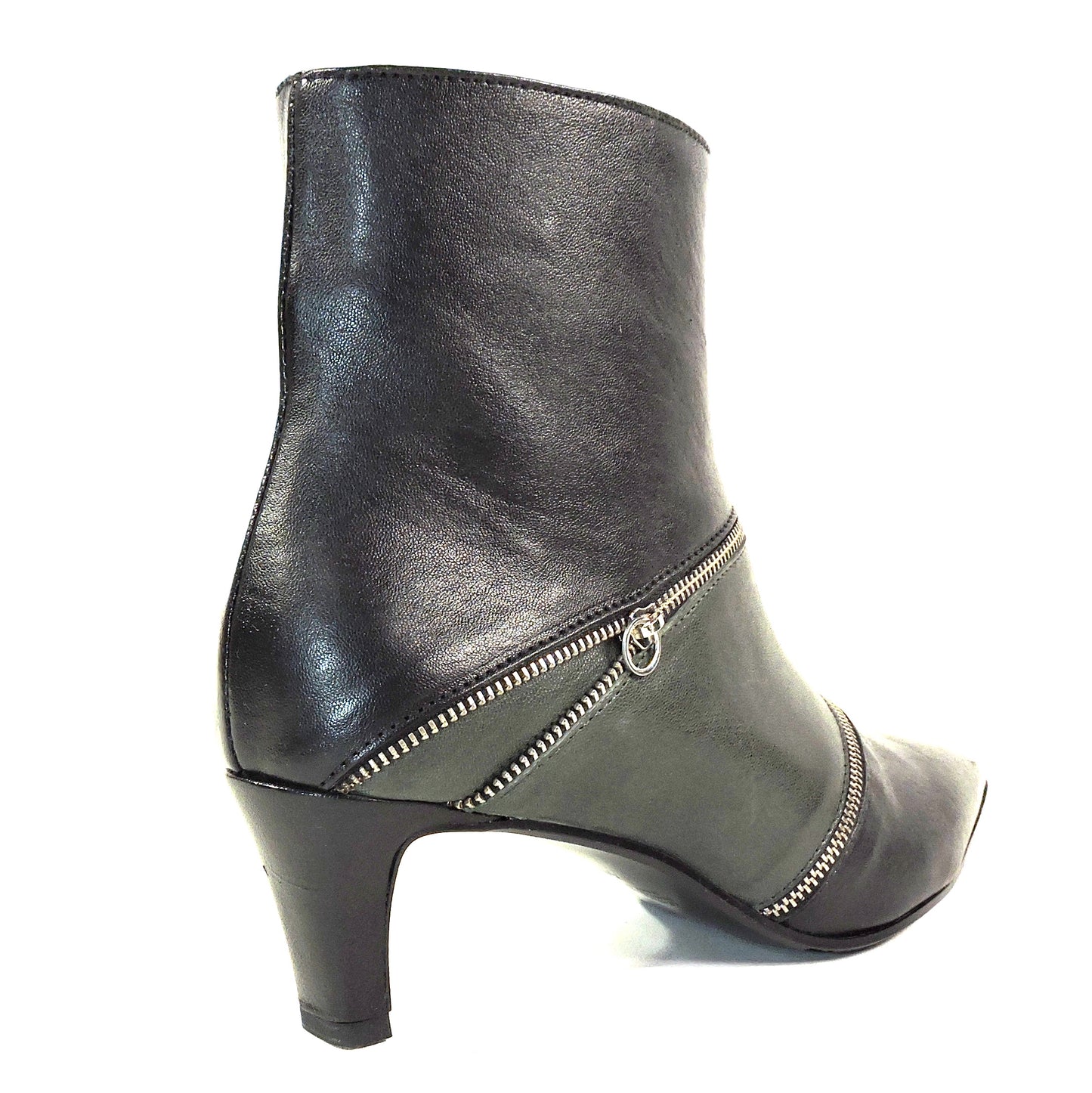 NAPOLEONI Women's Green Leather Pointed Toe Ankle Booties with Zipper Detail, Kitten Heel Fashion Boots