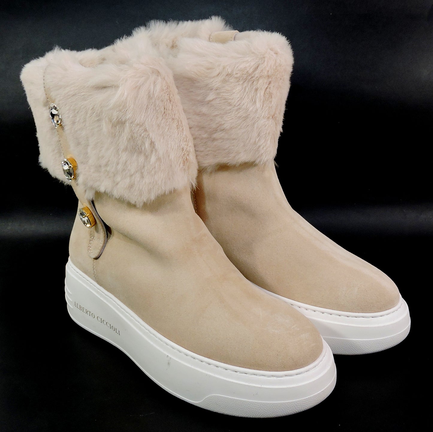 ALBERTO CICCIOLI 🇮🇹 WOMEN'S CREAM SUEDE & FUR COMFORT WINTER ANKLE BOOTS 37