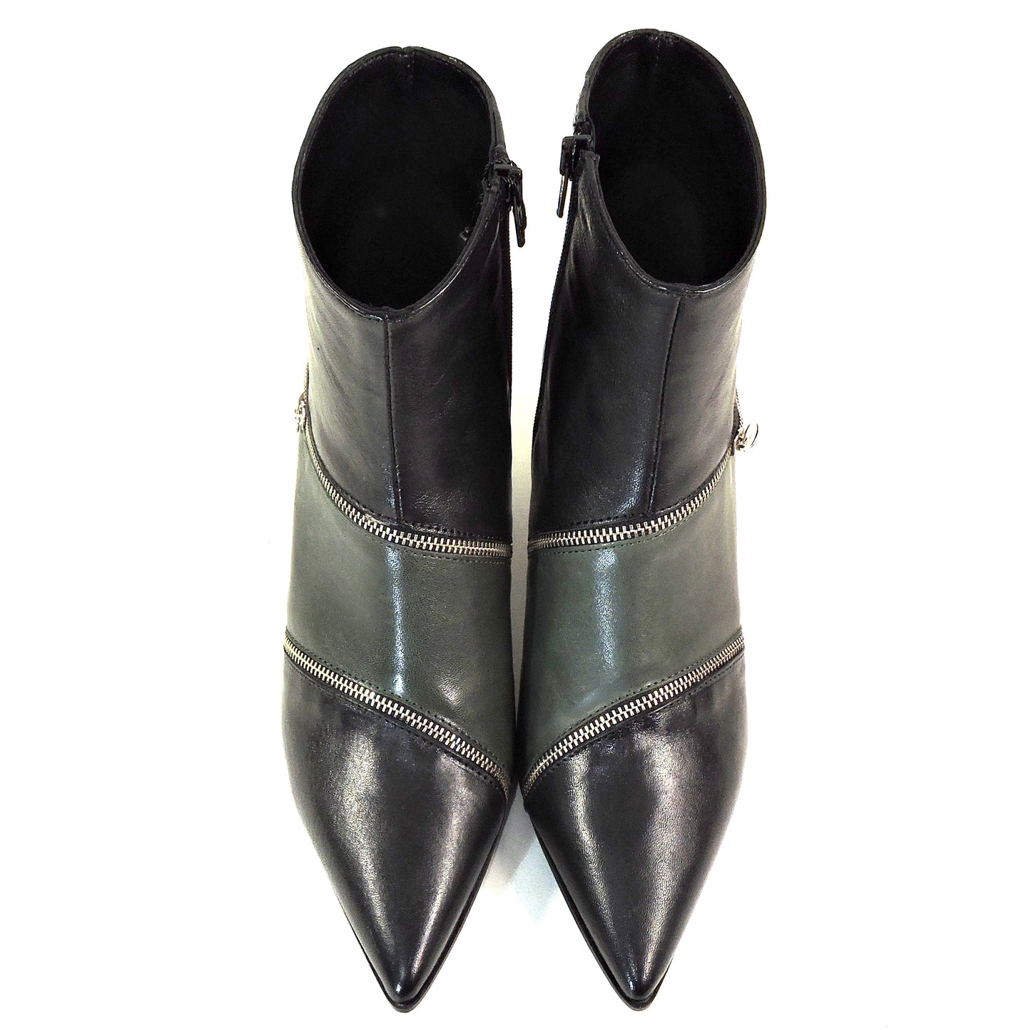 NAPOLEONI Women's Green Leather Pointed Toe Ankle Booties with Zipper Detail, Kitten Heel Fashion Boots