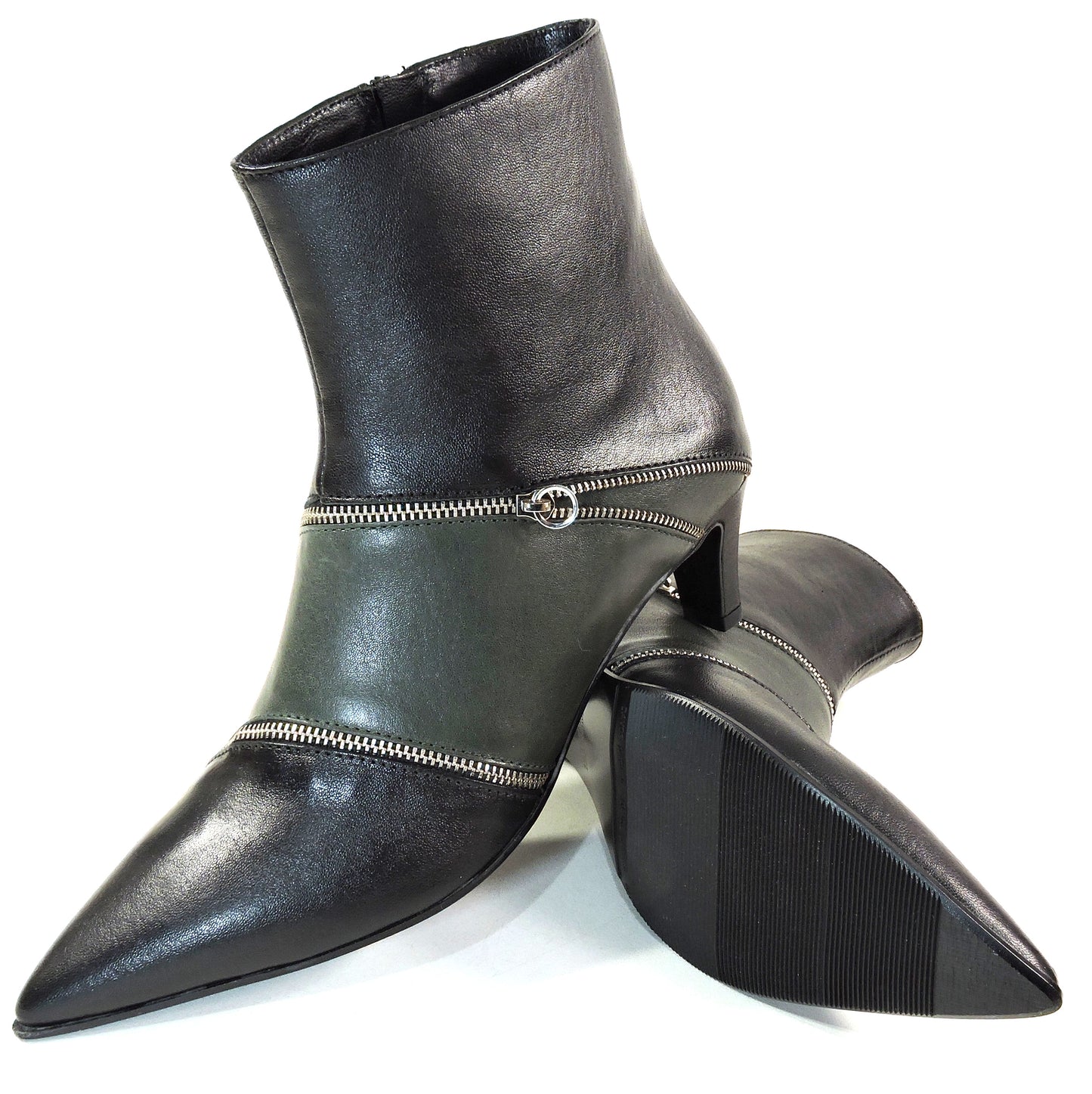 NAPOLEONI Women's Green Leather Pointed Toe Ankle Booties with Zipper Detail, Kitten Heel Fashion Boots