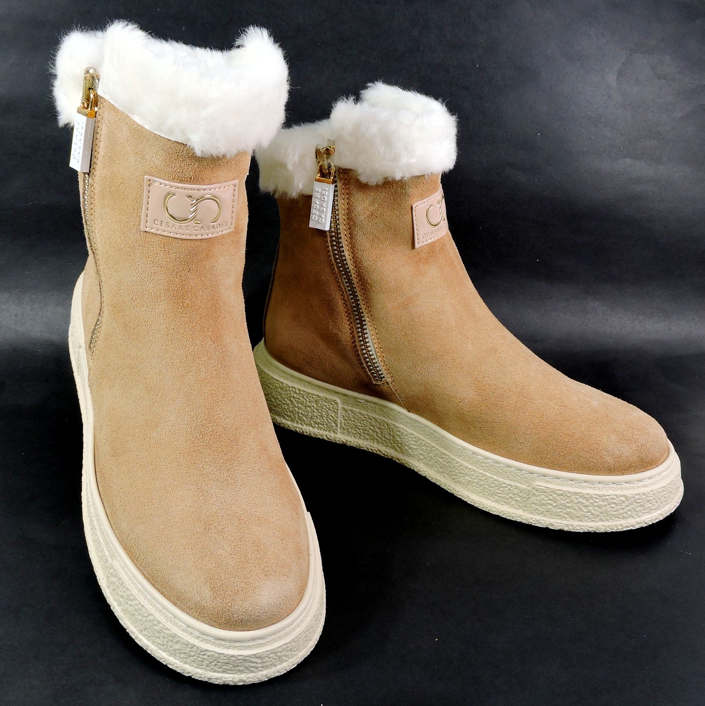 CASADEI 🇮🇹 WOMEN'S BEIGE SUEDE COMFORT LAMB FUR WINTER FASHION FLAT BOOTIE 37 EU