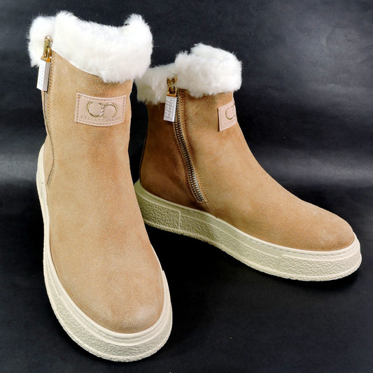 CASADEI 🇮🇹 WOMEN'S BEIGE SUEDE COMFORT LAMB FUR WINTER FASHION FLAT BOOTIE 37 EU