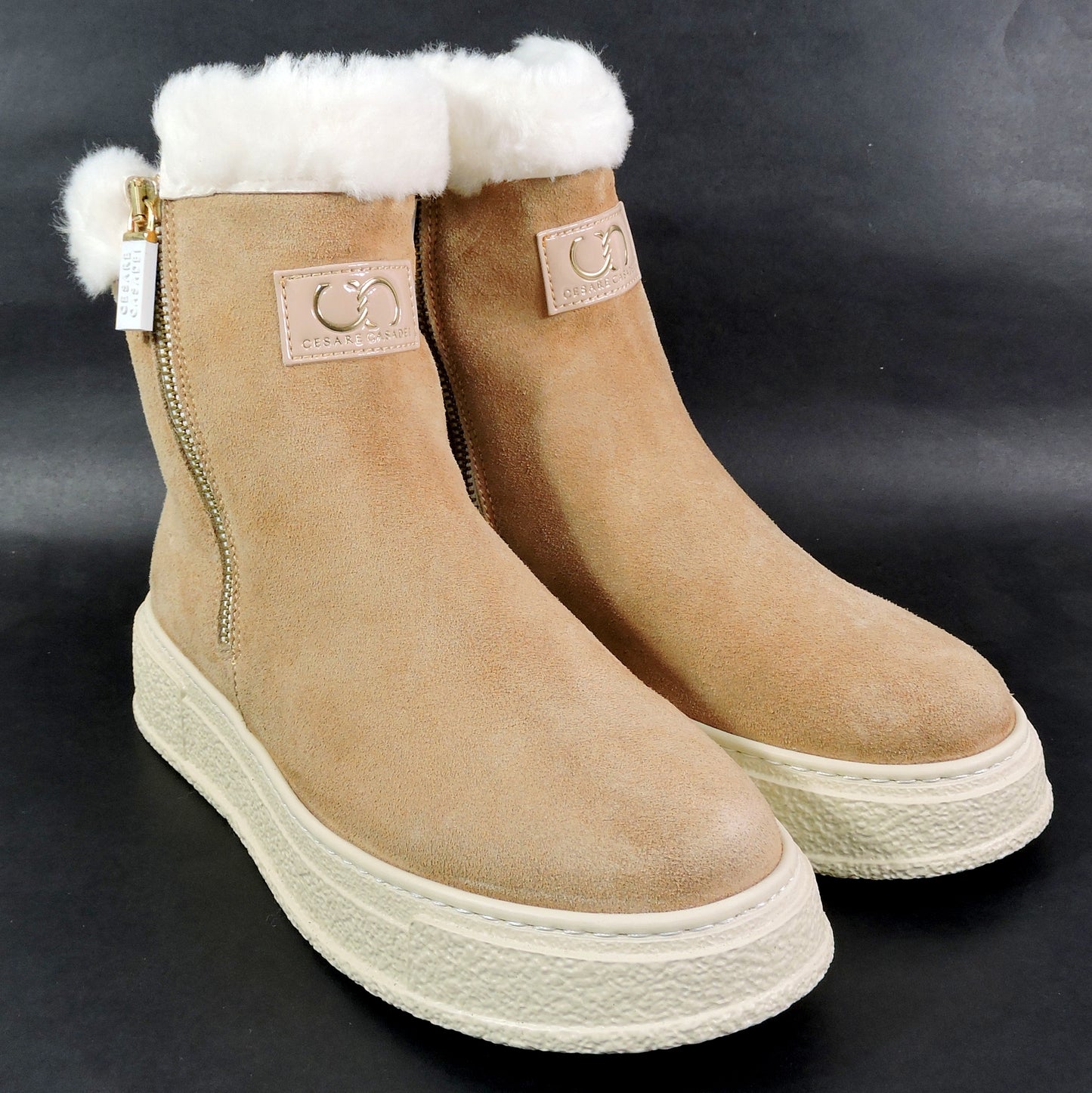 CASADEI 🇮🇹 WOMEN'S BEIGE SUEDE COMFORT LAMB FUR WINTER FASHION FLAT BOOTIE 37 EU