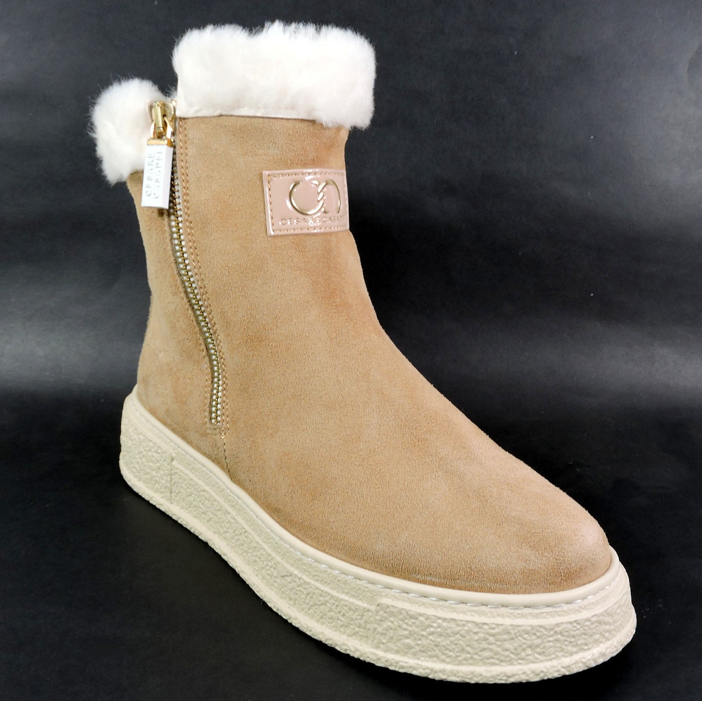 CASADEI 🇮🇹 WOMEN'S BEIGE SUEDE COMFORT LAMB FUR WINTER FASHION FLAT BOOTIE 37 EU