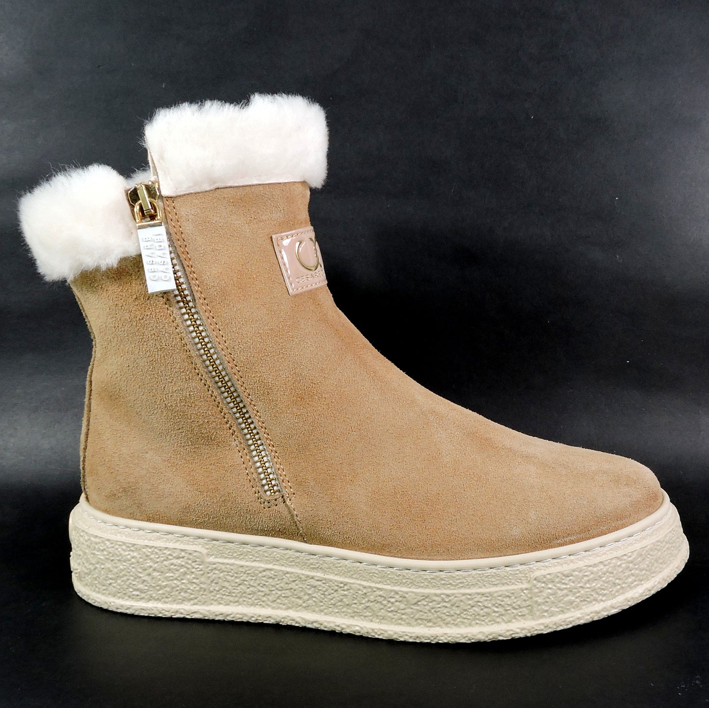 CASADEI 🇮🇹 WOMEN'S BEIGE SUEDE COMFORT LAMB FUR WINTER FASHION FLAT BOOTIE 37 EU