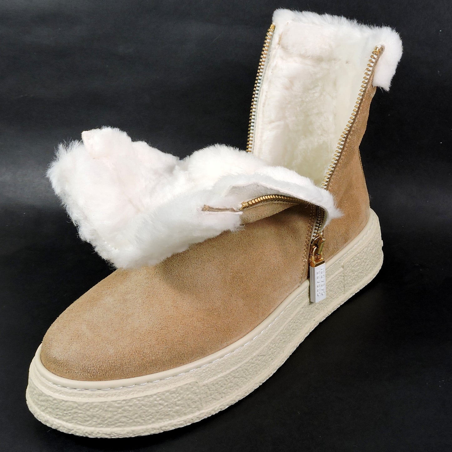 CASADEI 🇮🇹 WOMEN'S BEIGE SUEDE COMFORT LAMB FUR WINTER FASHION FLAT BOOTIE 37 EU