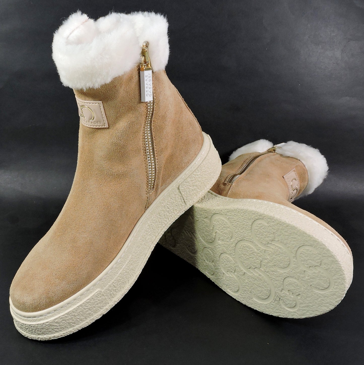 CASADEI 🇮🇹 WOMEN'S BEIGE SUEDE COMFORT LAMB FUR WINTER FASHION FLAT BOOTIE 37 EU