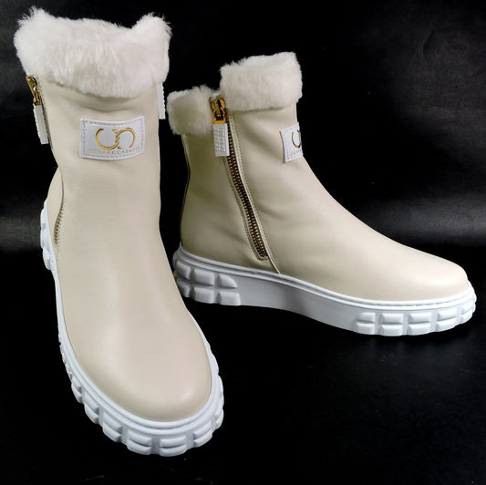 CASADEI 🇮🇹 WOMEN'S BEIGE LEATHER COMFORT LAMB FUR WINTER FASHION BOOTIE 37 EU