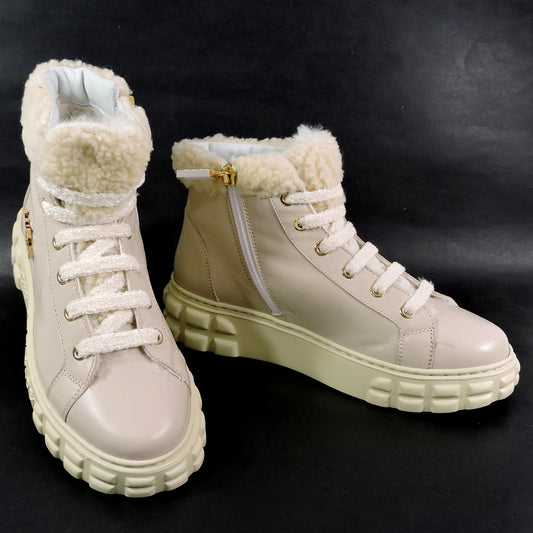 CASADEI 🇮🇹 WOMEN'S LEATHER COMFORT LAMB FUR WINTER FASHION FLAT BOOTIE 37 EU