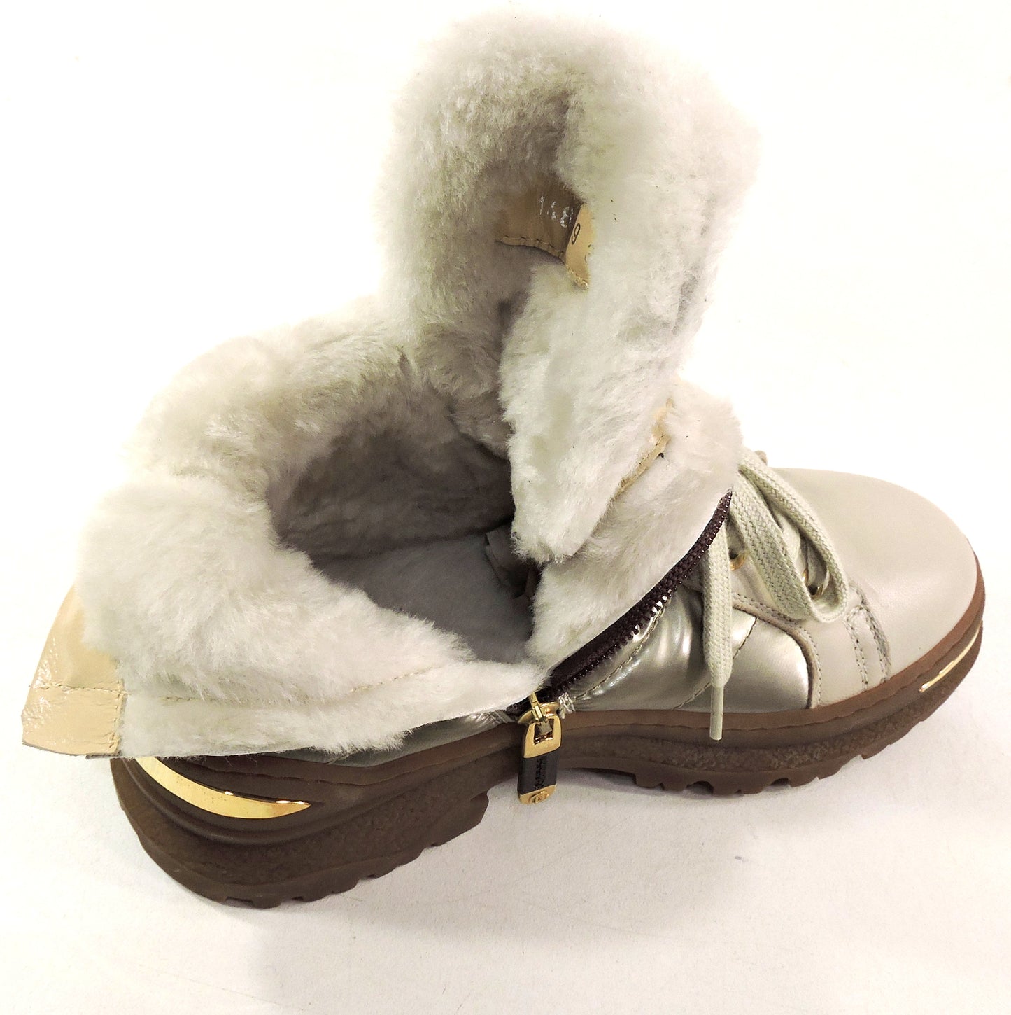 BALDININI 🇮🇹 WOMEN'S BEIGE SOFT LEATHER & FABRIC COMFORT WINTER FUR BOOTIE
