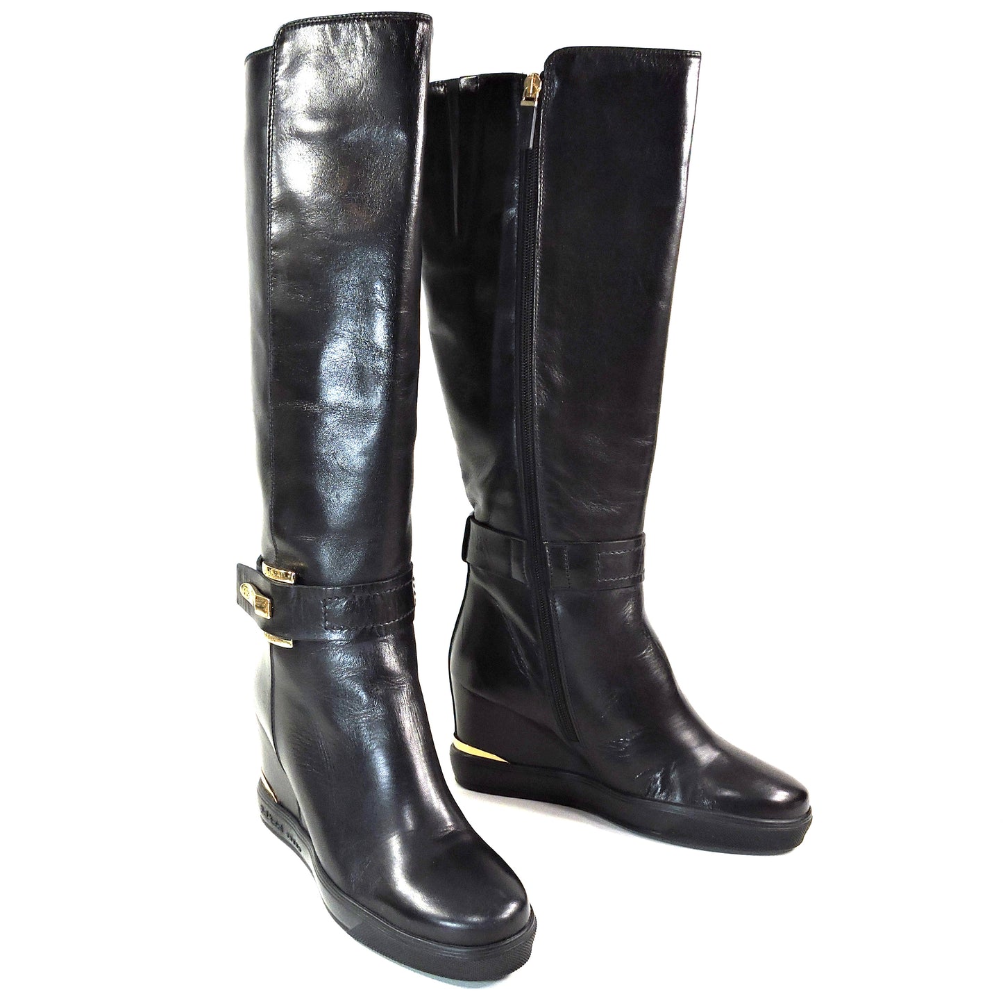 BALDININI 🇮🇹 WOMEN'S BLACK SOFT LEATHER COMFORT FASHION KNEE -HIGH WEDGE BOOTS