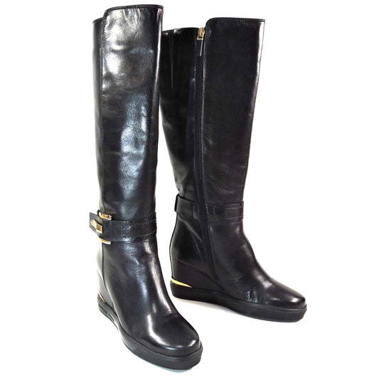 BALDININI 🇮🇹 WOMEN'S BLACK SOFT LEATHER COMFORT FASHION KNEE -HIGH WEDGE BOOTS