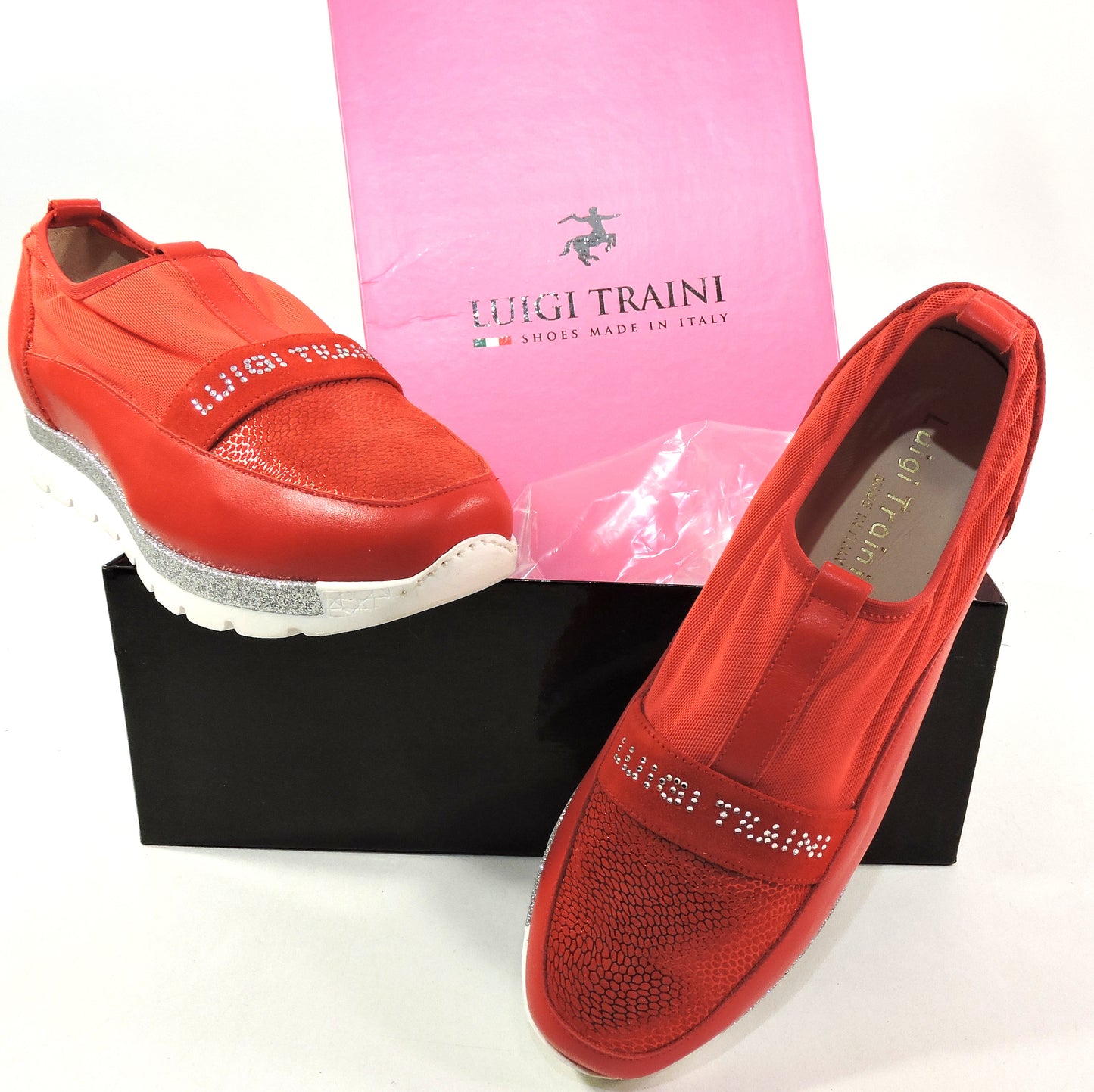 LUIGI TRAINI 🇮🇹 WOMEN'S RED LEATHER COMFORT SUMMER FLAT SNEAKERS