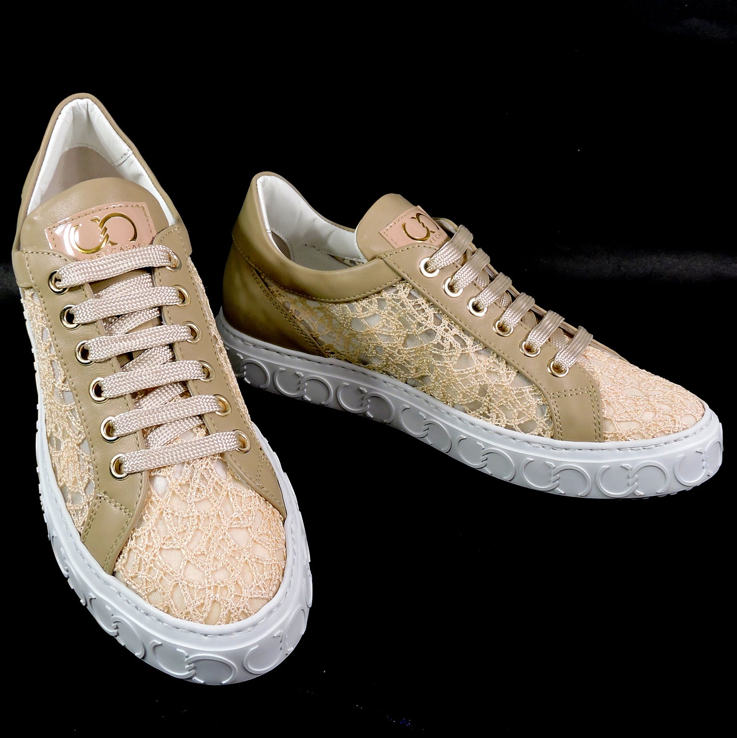 CASADEI 🇮🇹 WOMEN'S BEIGE LEATHER & FABRIC COMFORT FASHION SUMMER SNEAKERS
