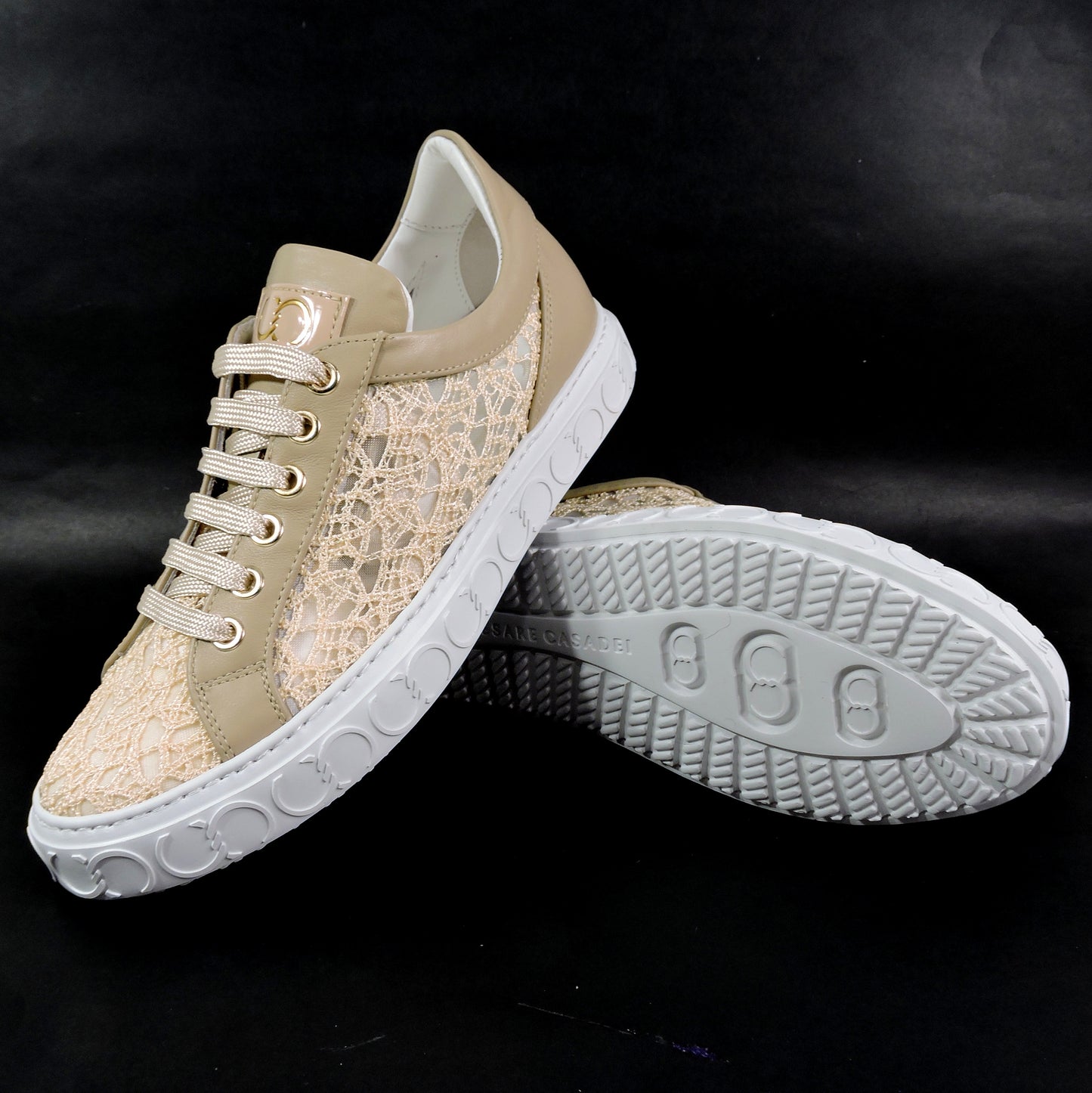 CASADEI 🇮🇹 WOMEN'S BEIGE LEATHER & FABRIC COMFORT FASHION SUMMER SNEAKERS