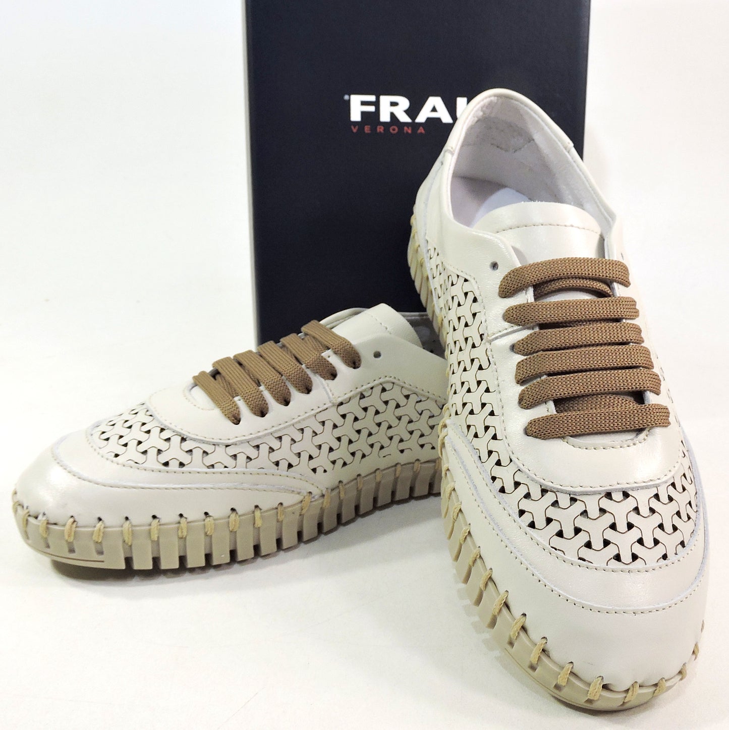 FRAU 🇮🇹 WOMEN'S SOFT IVORY LEATHER COMFORT SUMMER LACE UP FLAT SHOES
