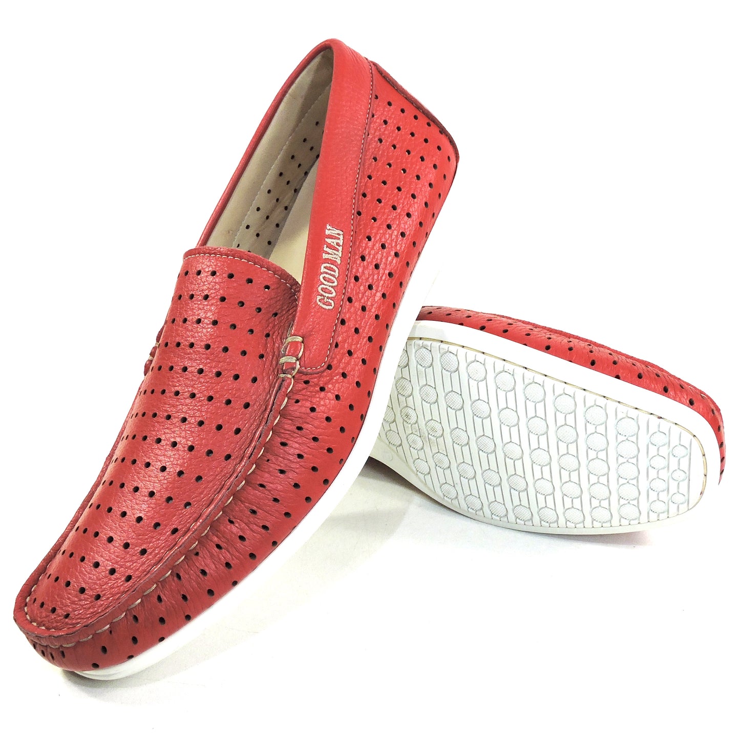 GOODMAN 🇮🇹 MEN'S RED LEATHER COMFORT SUMMER FLATS LOAFERS 42 EU