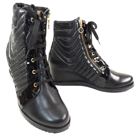 DAVIS CESARETTI 🇮🇹 WOMEN'S BLACK SOFT LEATHER COMFORT WINTER FUR WEDGE BOOTIE