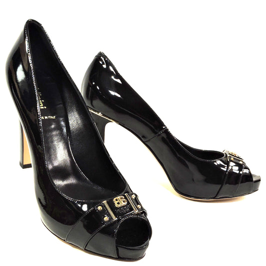 BALDININI 🇮🇹 WOMEN'S BLACK PATENT LEATHER COMFORT FASHION HEEL PUMPS