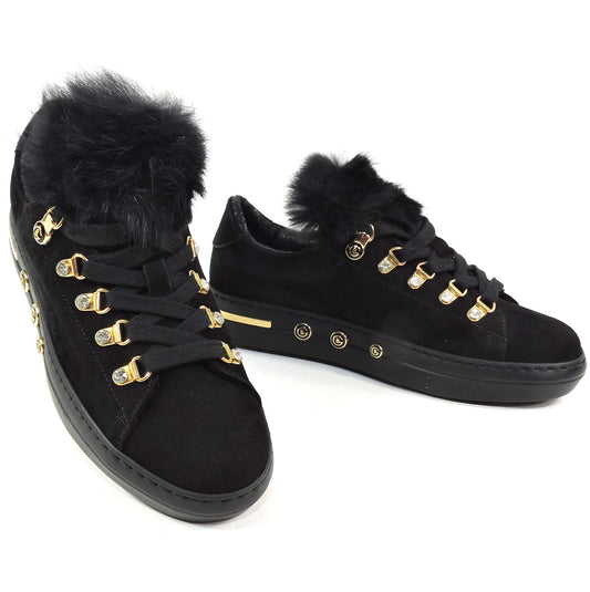 BALDININI 🇮🇹 WOMEN'S BLACK SOFT SUEDE FUR TRIM FASHION SNEAKERS