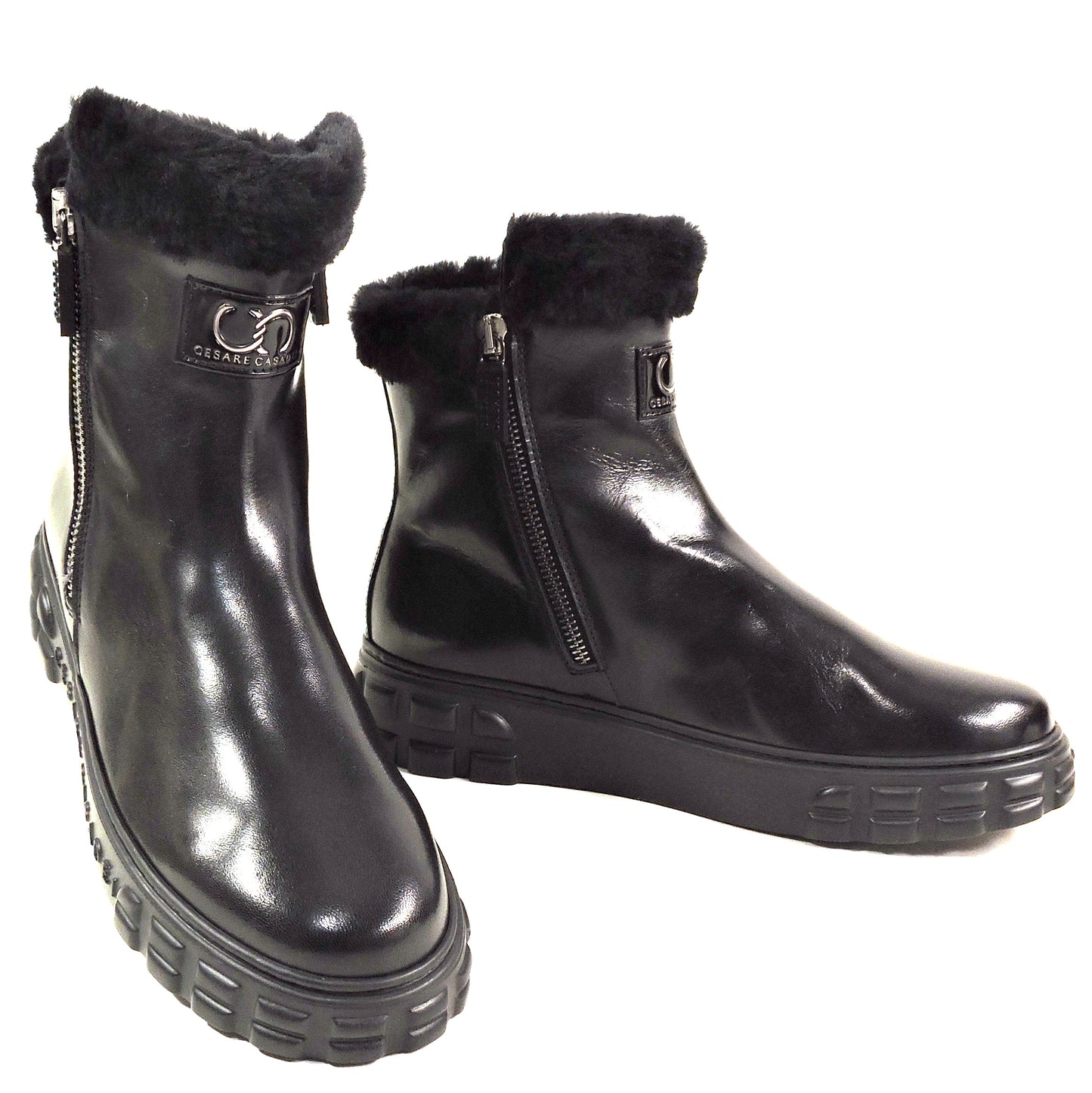 CASADEI 🇮🇹 WOMEN'S BLACK SOFT LEATHER COMFORT FASHION WINTER LAMB FUR BOOTIE