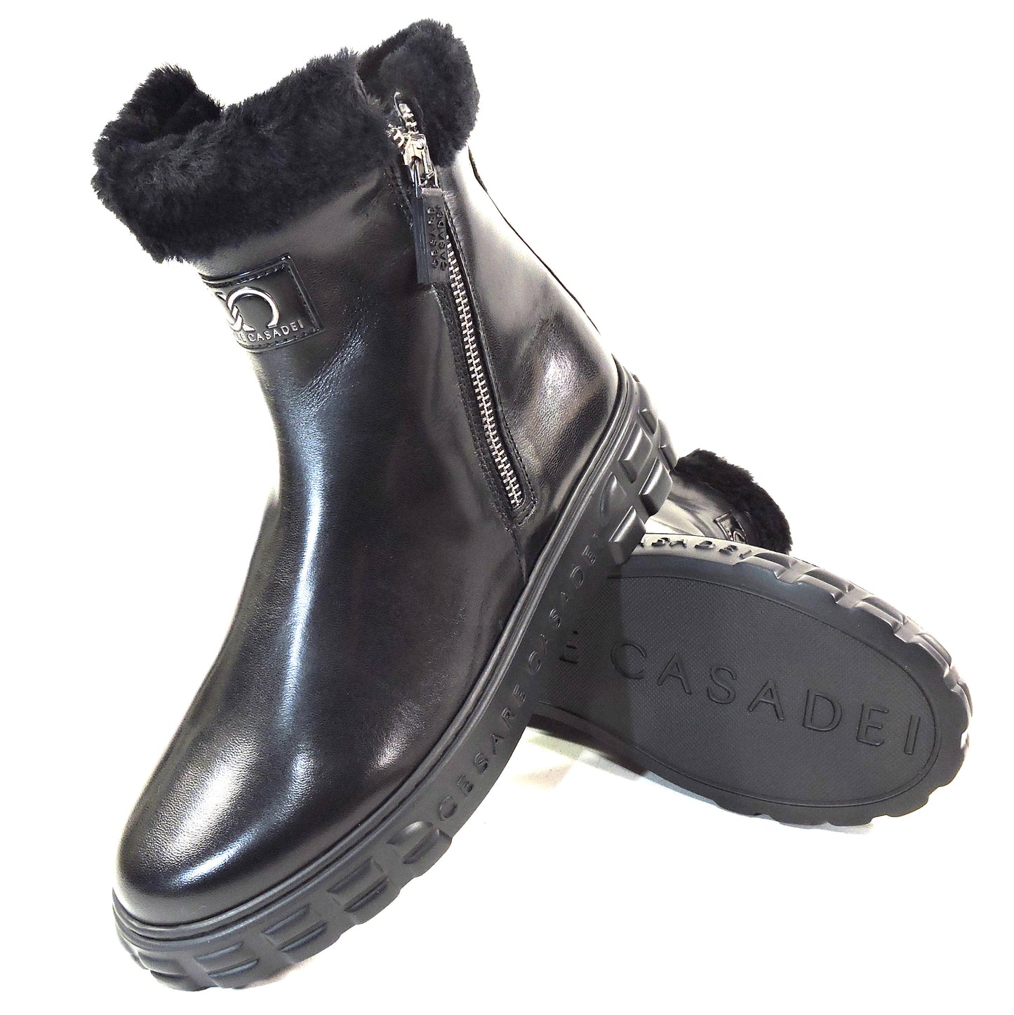 CASADEI 🇮🇹 WOMEN'S BLACK SOFT LEATHER COMFORT FASHION WINTER LAMB FUR BOOTIE