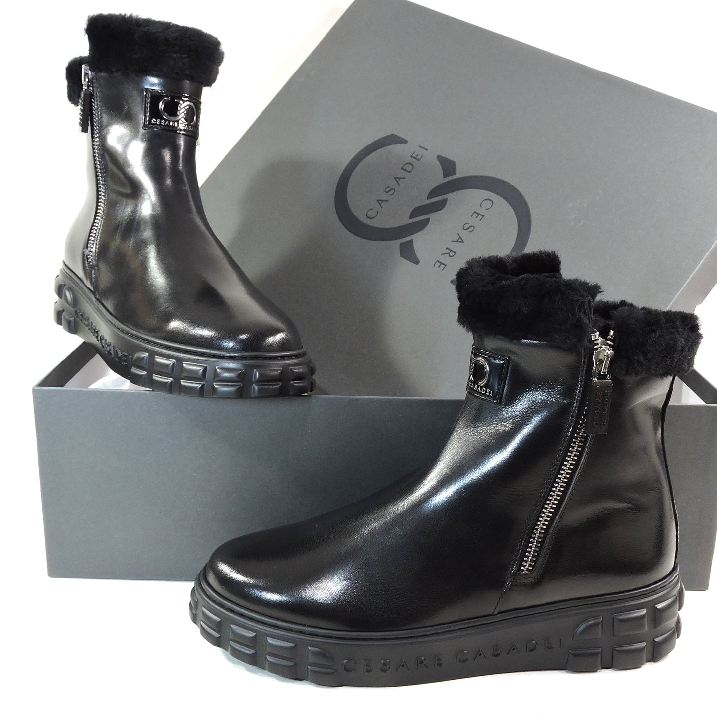 CASADEI 🇮🇹 WOMEN'S BLACK SOFT LEATHER COMFORT FASHION WINTER LAMB FUR BOOTIE