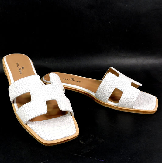 PAOLA FABIANI 🇮🇹 WOMEN'S WHITE SOFT LEATHER COMFORT SUMMER FLAT MULES