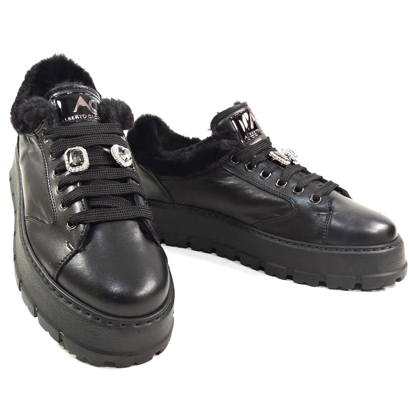 ALBERTO CICCIOLI 🇮🇹 WOMEN'S BLACK SOFT LEATHER COMFORT WINTER FASHION SNEAKERS