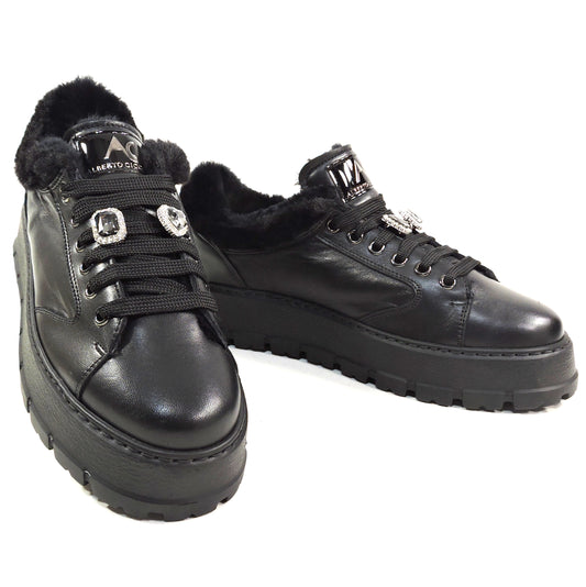 ALBERTO CICCIOLI 🇮🇹 WOMEN'S BLACK SOFT LEATHER COMFORT WINTER FASHION SNEAKERS
