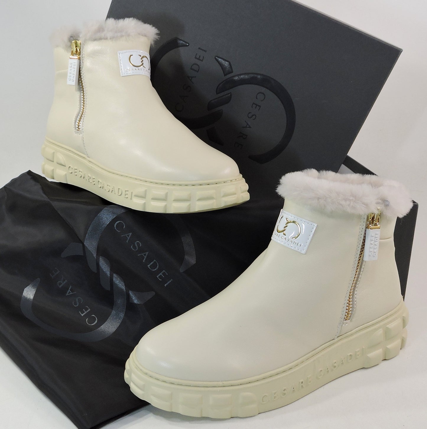 CASADEI 🇮🇹 WOMEN'S IVORY SOFT LEATHER COMFORT FASHION WINTER LAMB FUR BOOTIE