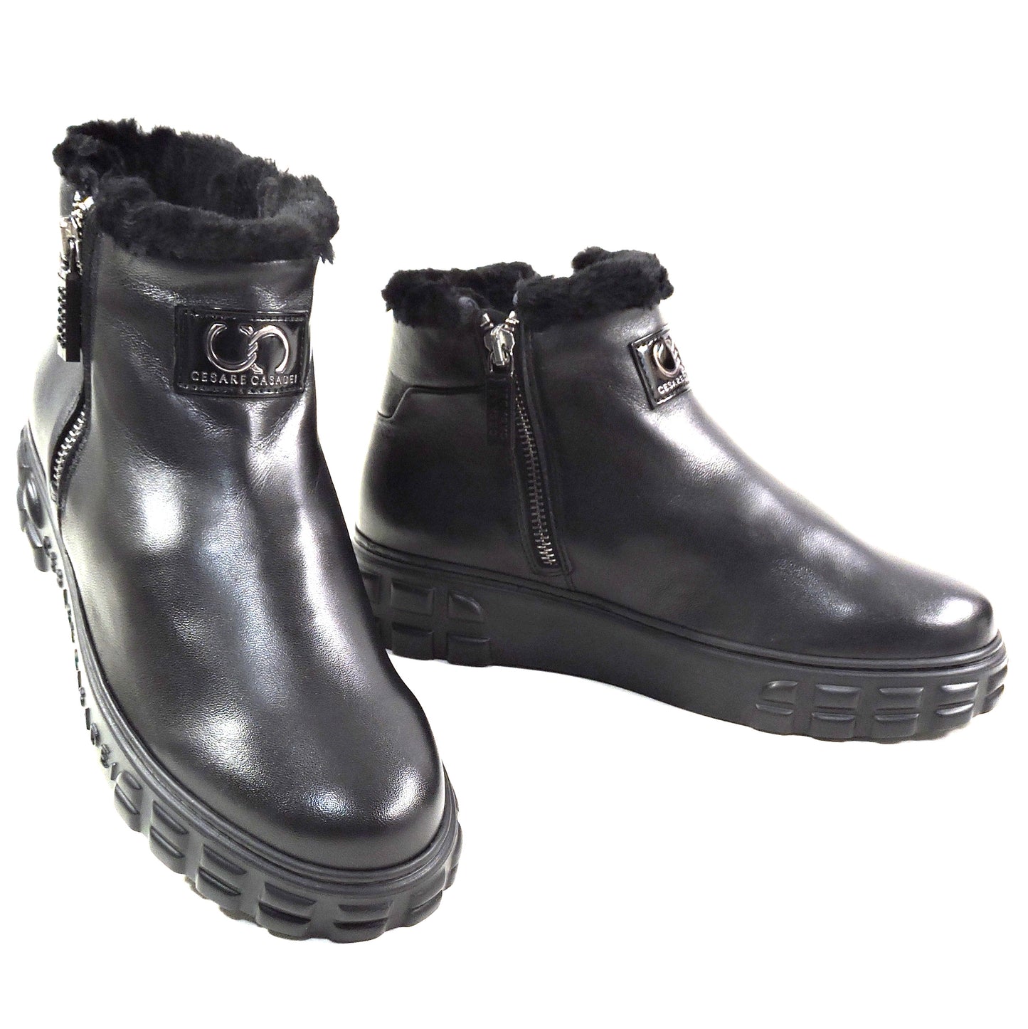 CASADEI 🇮🇹 WOMEN"S BLACK SOFT LEATHER COMFORT FASHION WINTER LAMB FUR BOOTIE