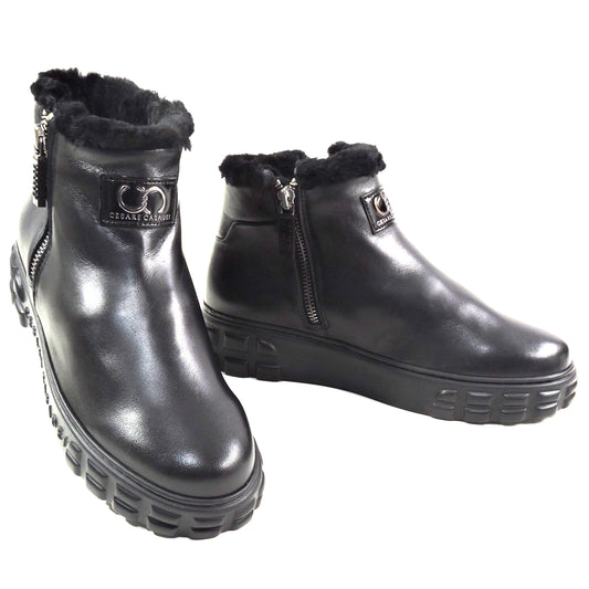 CASADEI 🇮🇹 WOMEN"S BLACK SOFT LEATHER COMFORT FASHION WINTER LAMB FUR BOOTIE