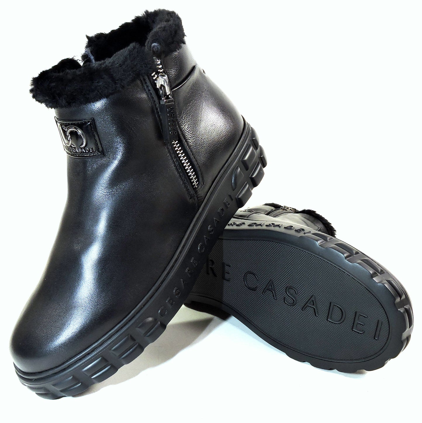 CASADEI 🇮🇹 WOMEN"S BLACK SOFT LEATHER COMFORT FASHION WINTER LAMB FUR BOOTIE