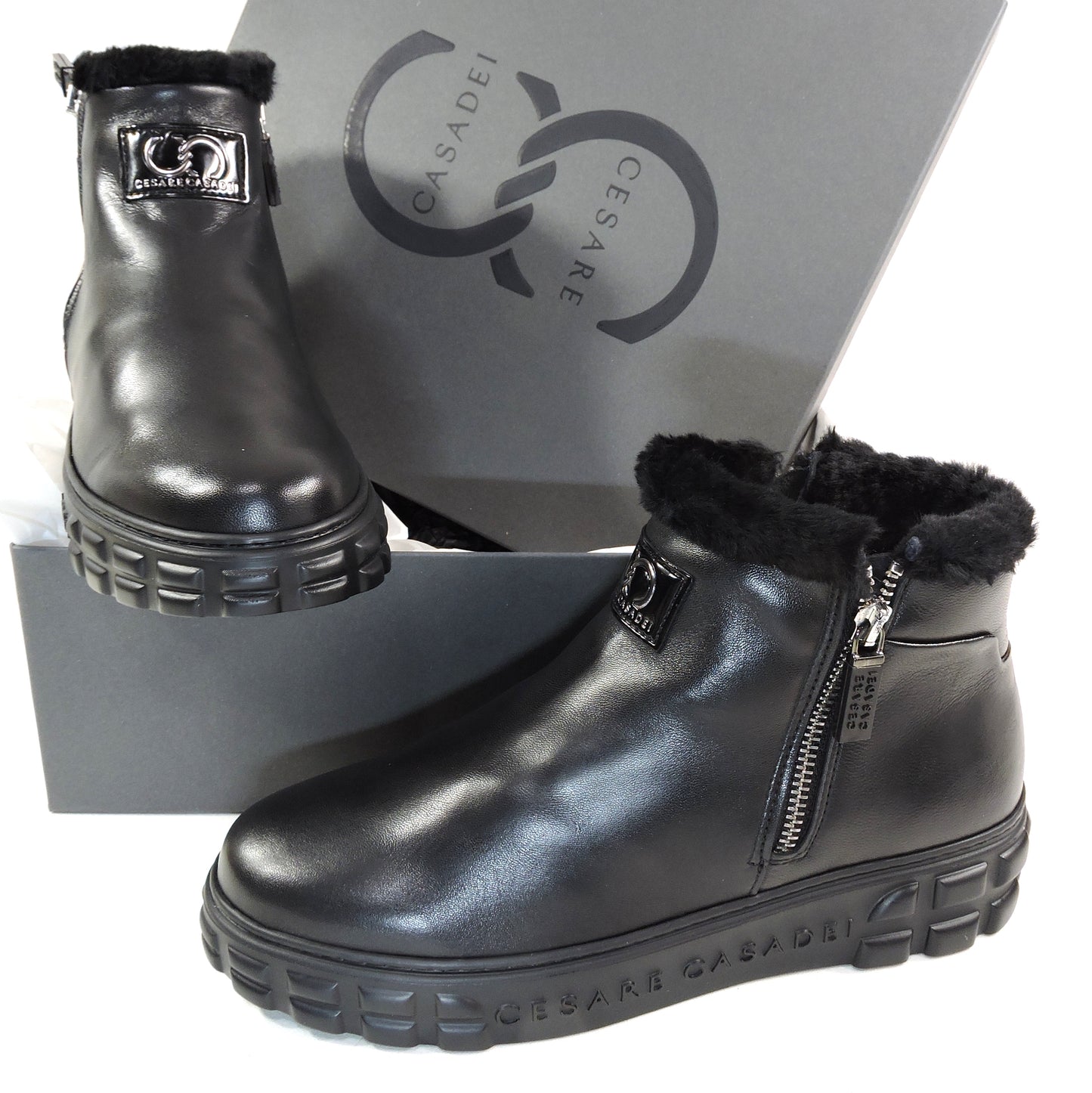 CASADEI 🇮🇹 WOMEN"S BLACK SOFT LEATHER COMFORT FASHION WINTER LAMB FUR BOOTIE