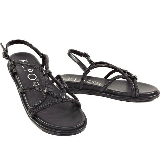 REPO 🇮🇹 WOMEN'S BLACK LEATHER COMFORT SUMMER FLAT SANDALS