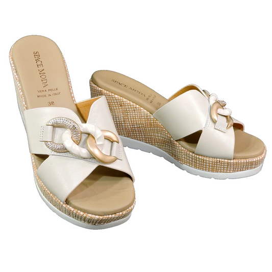 SPACE MODA BY REPO 🇮🇹 WOMEN'S IVORY SOFT LEATHER COMFORT SUMMER WEDGE MULES E