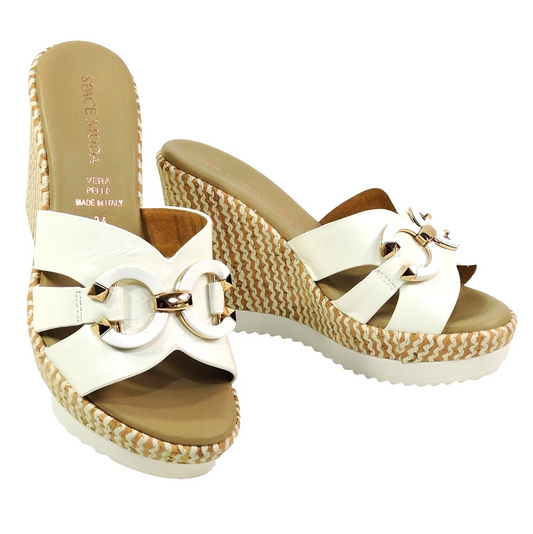 SPACE MODA BY REPO 🇮🇹 WOMEN'S WHITE SOFT LEATHER COMFORT SUMMER WEDGE MULES
