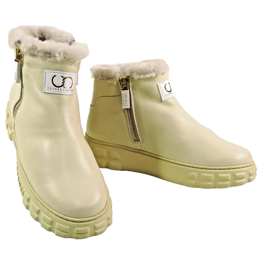 CASADEI 🇮🇹 WOMEN'S IVORY SOFT LEATHER COMFORT FASHION WINTER LAMB FUR BOOTIE