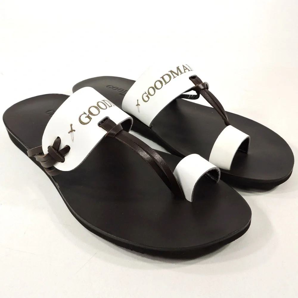 GOODMAN 🇮🇹 MENS BROWN & WHITE SOFT LEATHER COMFORT SUMMER FLATS SANDALS
