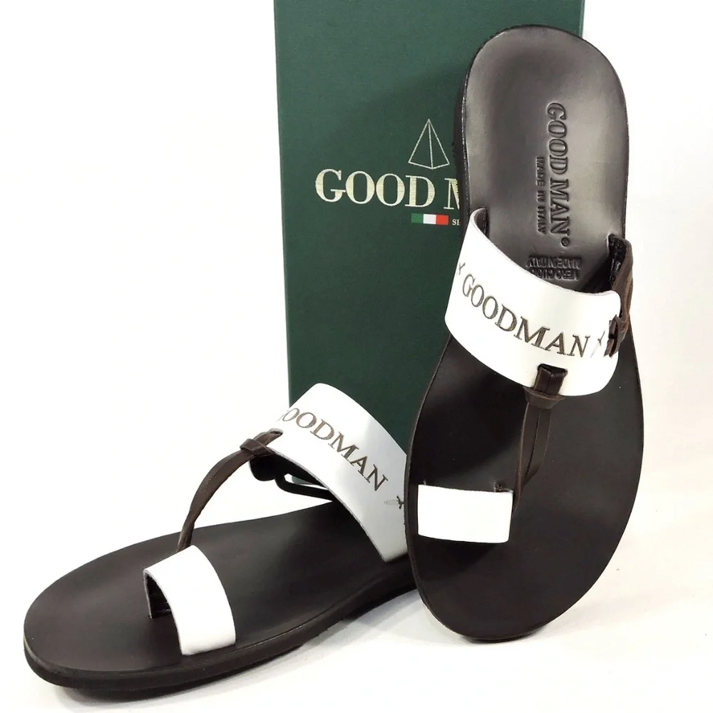 GOODMAN 🇮🇹 MENS BROWN & WHITE SOFT LEATHER COMFORT SUMMER FLATS SANDALS