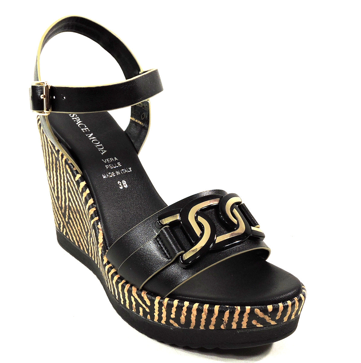 SPACE MODA PHIL GATIÈR BY REPO 🇮🇹 WOMENS BLACK LEATHER COMFORT WEDGED SANDALS