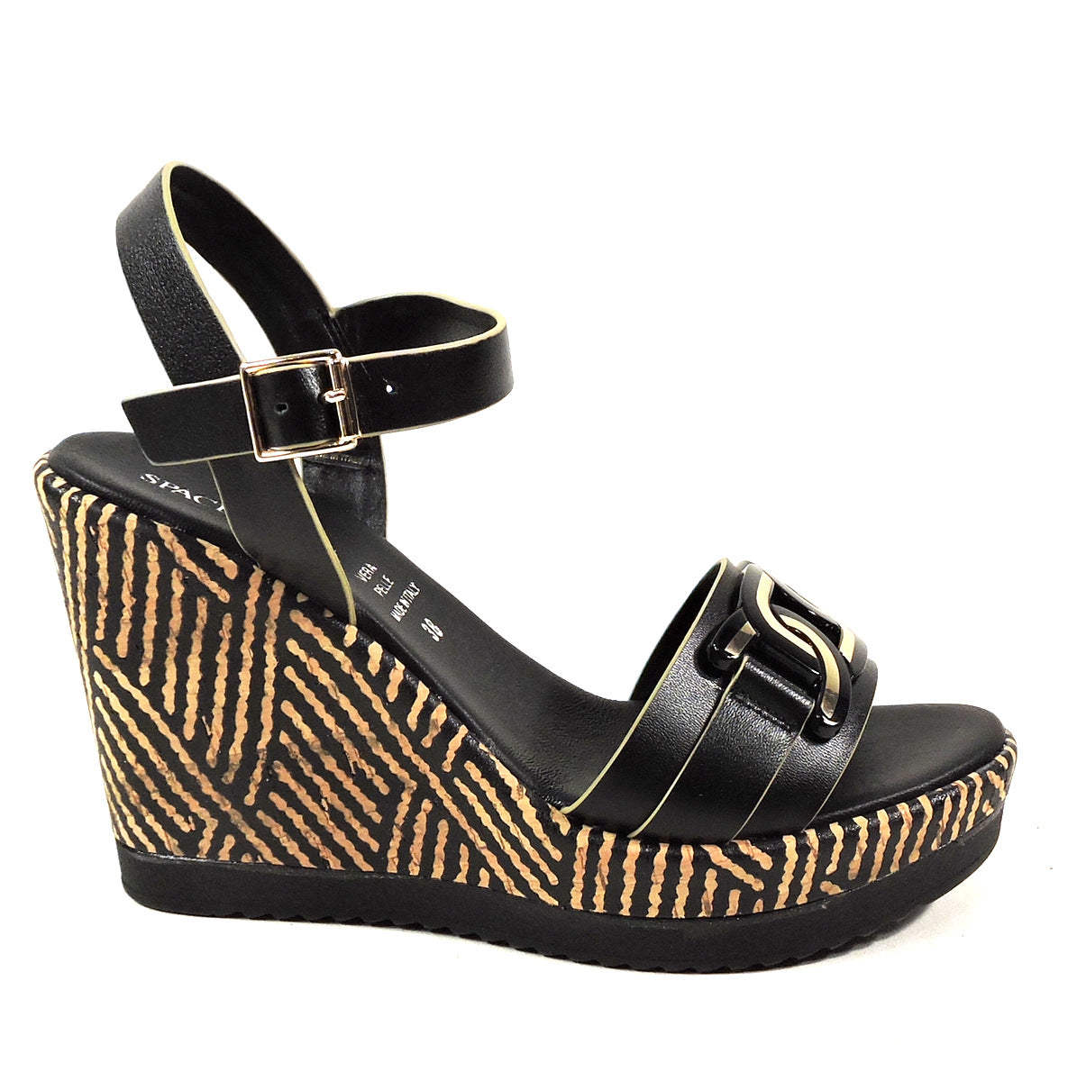 SPACE MODA PHIL GATIÈR BY REPO 🇮🇹 WOMENS BLACK LEATHER COMFORT WEDGED SANDALS