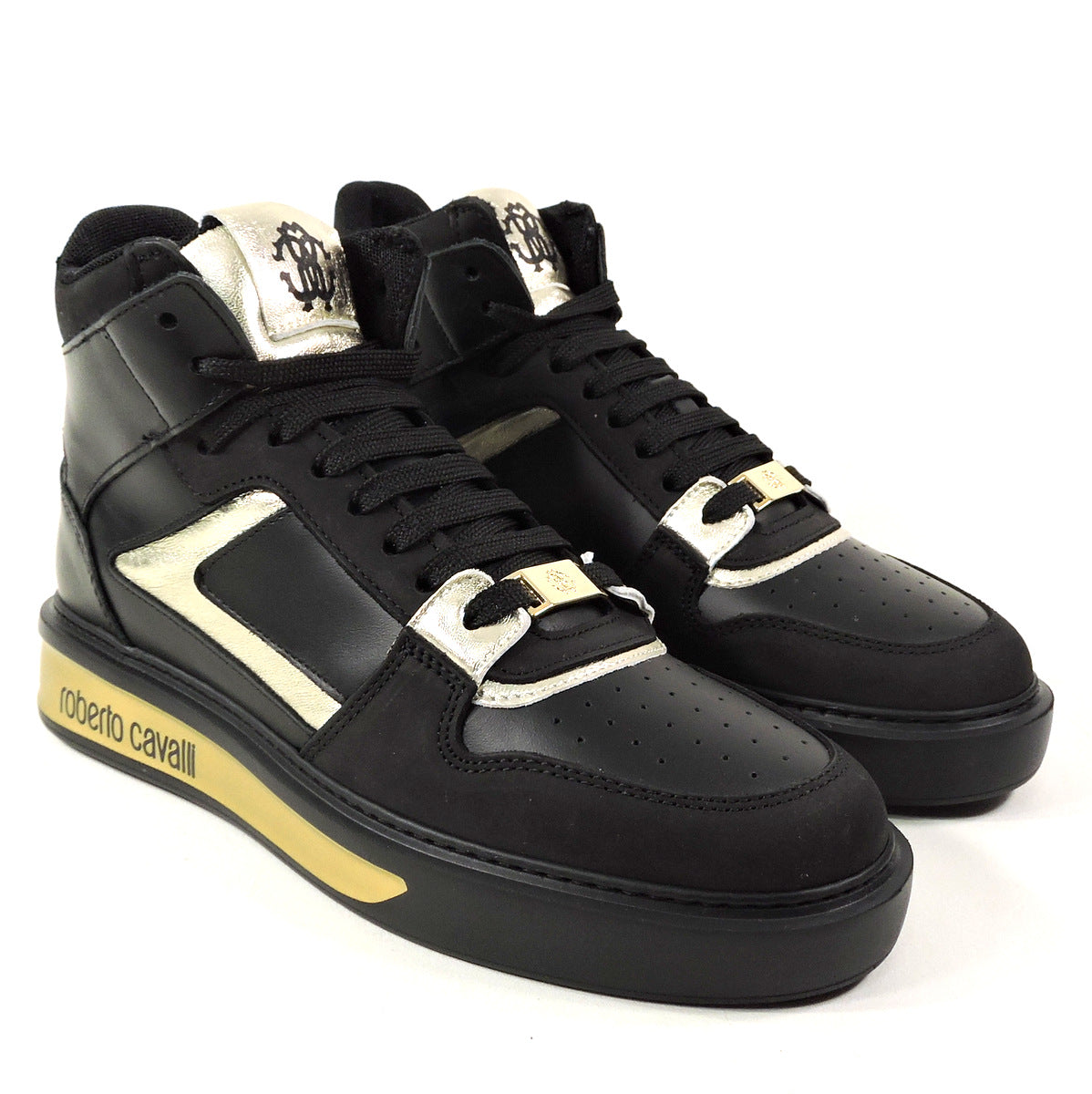 ROBERTO CAVALLI 🇮🇹 WOMEN'S BLACK LEATHER SUEDE HI-TOP FASHION