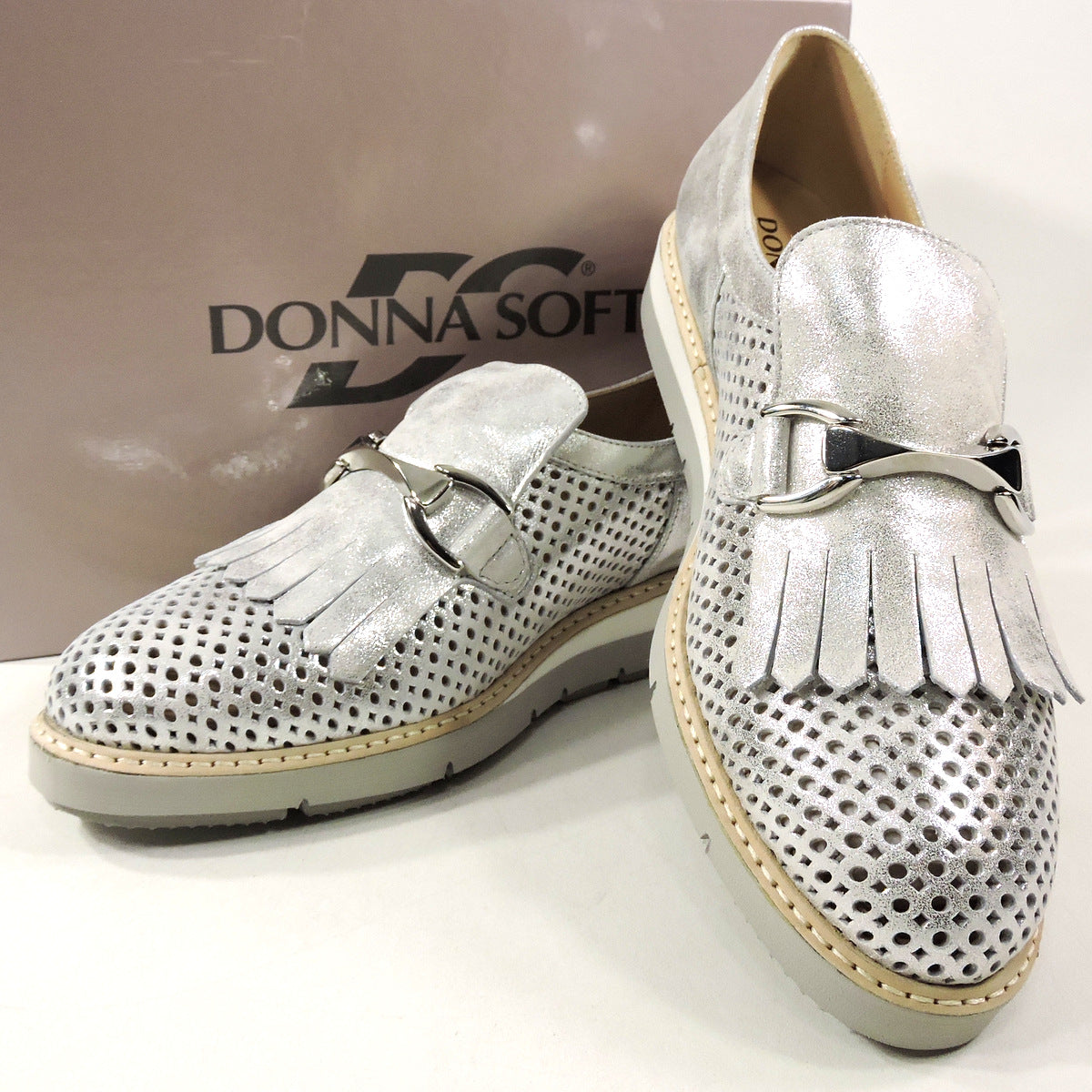 DONNA SOFT 🇮🇹WOMEN'S SILVER SOFT LEATHER COMFORT SUMMER LOAFERS