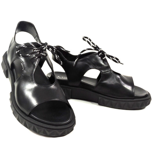 MOT-CLe 🇮🇹 WOMEN'S BLACK LEATHER FLAT SUMMER FASHION SANDALS