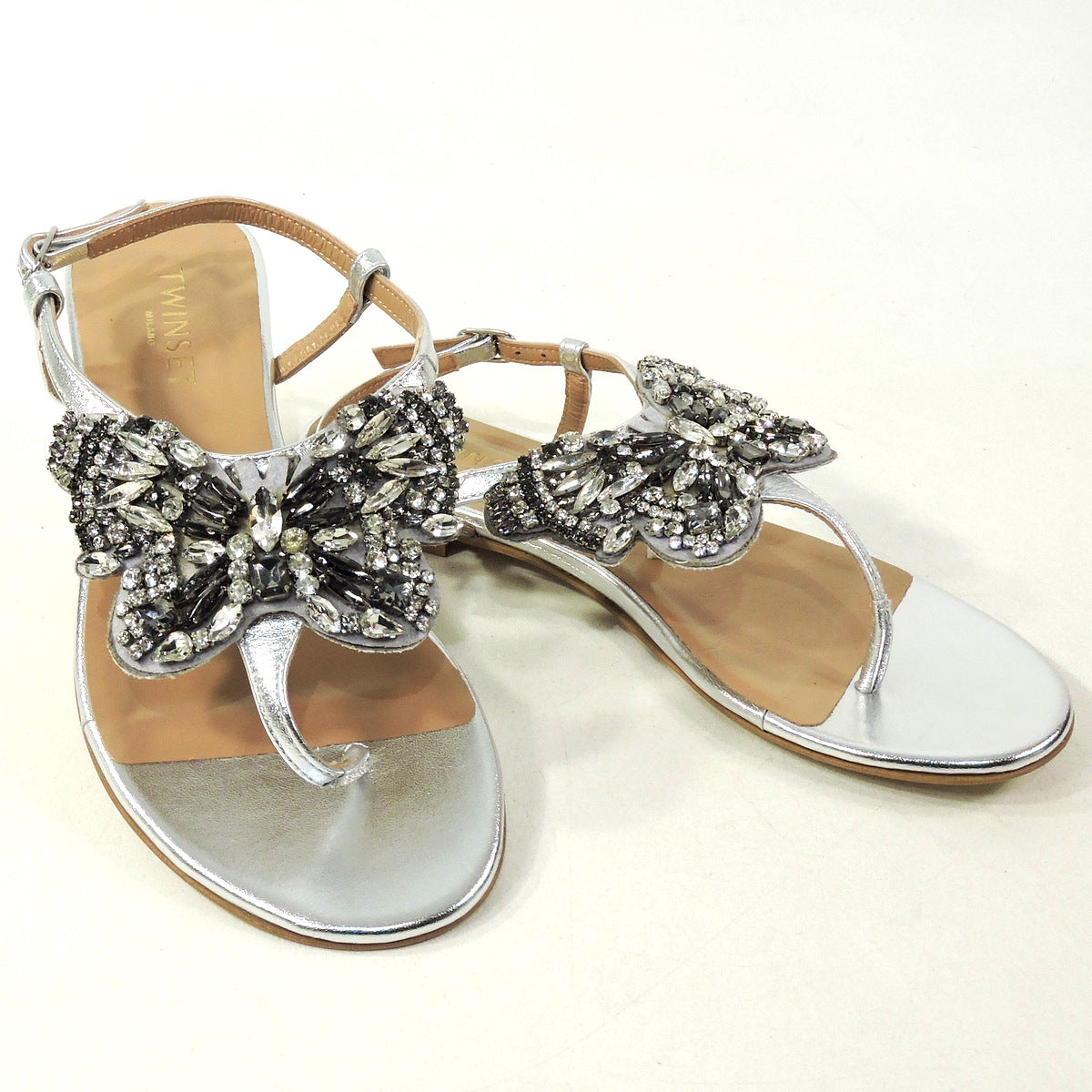 TWINSET 🇮🇹 WOMEN'S SILVER LEATHER COMFORT FLAT SUMMER SANDALS